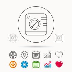Vintage photo camera icon. Photography sign. Professional equipment symbol. Calendar, Graph chart and Cogwheel signs. Download and Heart love linear web icons. Vector