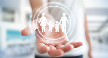 Businessman holding family interface in his hand 3D rendering