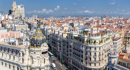 Obraz premium Gran Via Street Aerial View in Madrid, Spain