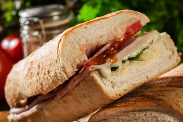 Toasted panini with ham, cheese and arugula sandwich