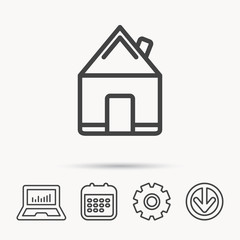 Real estate icon. House building sign. Real-estate property symbol. Notebook, Calendar and Cogwheel signs. Download arrow web icon. Vector