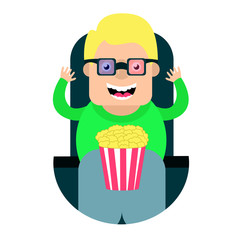 cartoon man watching a movie in 3 D glasses . Vector illustration.