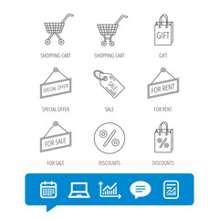 Shopping cart, gift bag and sale coupon icons. Special offer label linear signs. Discount icon. Report file, Graph chart and Chat speech bubble signs. Laptop and Calendar web icons. Vector
