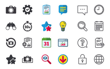 Photo camera icon. Flip turn or refresh signs.