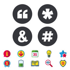 Quote, asterisk footnote icons. Hashtag symbol.