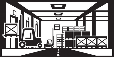 Forklifts distribute pallets in warehouse - vector illustration © angelha