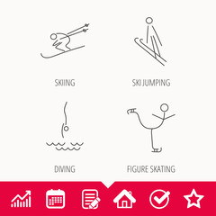 Diving, figure skating and skiing icons. Ski jumping linear sign. Edit document, Calendar and Graph chart signs. Star, Check and House web icons. Vector