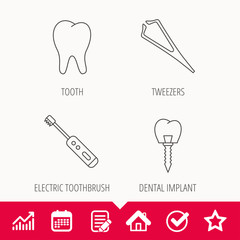Dental implant, tooth and tweezers icons. Electric toothbrush linear sign. Edit document, Calendar and Graph chart signs. Star, Check and House web icons. Vector
