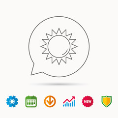 Sun rays icon. Summer sign. Hot weather symbol. Calendar, Graph chart and Cogwheel signs. Download and Shield web icons. Vector