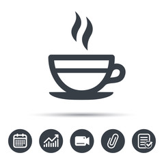 Tea cup icon. Hot coffee drink symbol. Calendar, chart and checklist signs. Video camera and attach clip web icons. Vector
