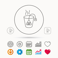 Tea bag icon. Natural hot drink sign. Breakfast beverage symbol. Calendar, Graph chart and Cogwheel signs. Download and Heart love linear web icons. Vector
