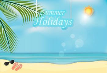 Fototapeta na wymiar Summer Holidays background, Sea and Beach paper art style