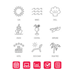 Cruise, waves and cocktail icons. Hotel, palm tree and shell linear signs. Airplane, deck chair and sun flat line icons. Report document, Graph chart and Calendar signs. Laptop and Check web icons