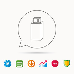 USB drive icon. Flash stick sign. Mobile data storage symbol. Calendar, Graph chart and Cogwheel signs. Download and Shield web icons. Vector