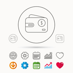Dollar wallet icon. USD cash money bag sign. Calendar, Graph chart and Cogwheel signs. Download and Heart love linear web icons. Vector