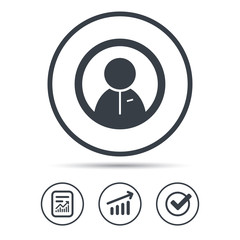 User icon. Human person symbol. Report document, Graph chart and Check signs. Circle web buttons. Vector