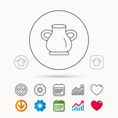 Vase icon. Decorative vintage amphora sign. Calendar, Graph chart and Cogwheel signs. Download and Heart love linear web icons. Vector