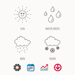 Weather, sun and rain icons. Snow linear sign. Calendar, Graph chart and Cogwheel signs. Download colored web icon. Vector