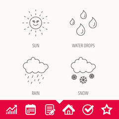 Weather, sun and rain icons. Snow linear sign. Edit document, Calendar and Graph chart signs. Star, Check and House web icons. Vector