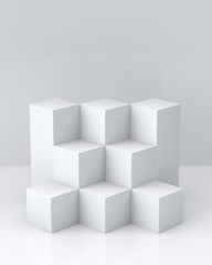 White cube boxes with white blank wall background for display. 3D rendering.

