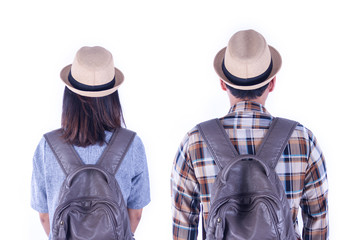 Man and women with backpack on white background