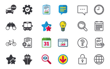 Transport icons. Taxi car, Bicycle, Bus and Ship.