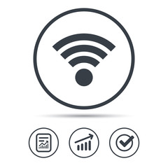 Wifi icon. Wireless internet sign. Communication technology symbol. Report document, Graph chart and Check signs. Circle web buttons. Vector