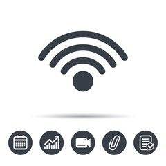 Wifi icon. Wireless internet sign. Communication technology symbol. Calendar, chart and checklist signs. Video camera and attach clip web icons. Vector
