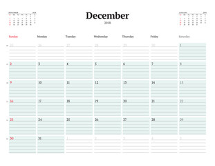 Vector Calendar Planner Template for 2018 Year. December. Stationery Design. Week starts on Sunday. 3 Months on the Page. Vector Illustration