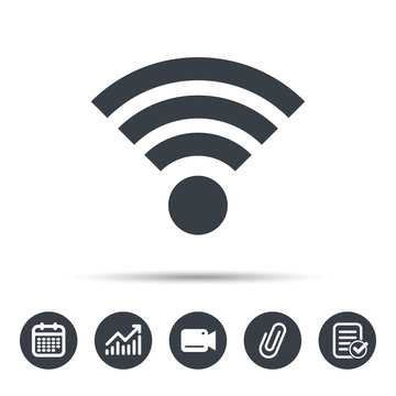 Wifi icon. Wireless internet sign. Communication technology symbol. Calendar, chart and checklist signs. Video camera and attach clip web icons. Vector