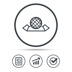 World map icon. Globe sign. Travel location symbol. Report document, Graph chart and Check signs. Circle web buttons. Vector