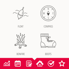 Bonfire, fishing float and hiking boots icons. Compass linear sign. Edit document, Calendar and Graph chart signs. Star, Check and House web icons. Vector