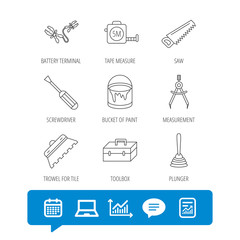 Screwdriver, plunger and repair toolbox icons. Trowel for tile, bucket of paint linear signs. Measurement, battery terminal icons. Report file, Graph chart and Chat speech bubble signs. Vector