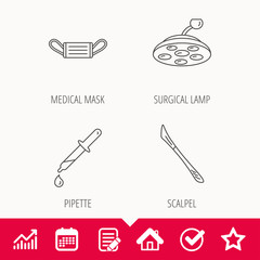 Medical mask, scalpel and pipette icons. Surgical lamp linear sign. Edit document, Calendar and Graph chart signs. Star, Check and House web icons. Vector