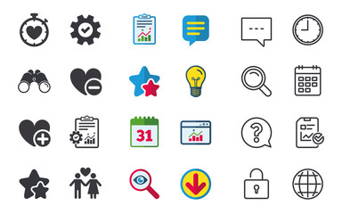 Valentine day icons. Love heart timer sign.