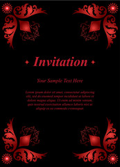 Invitation card, wedding card with red ornamental on black background