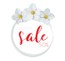 Flower banner with text summer sale on white background with beautiful flowers. Artistic design vector banners, greeting cards, summer sales.