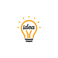 Stylized sign of vector lightbulbs, white and orange color logotype. New idea symbol, flat bright cartoon bulb. Idea icon, circle logo.