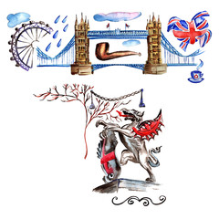 Watercolor London illustration. Great Britain hand drawn symbols.
