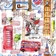 Watercolor London pattern  illustration. Great Britain hand drawn symbols.