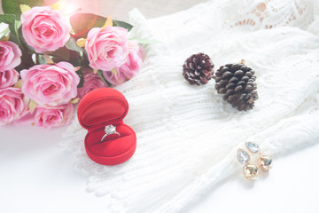 Wedding concept, Selective focus on diamond ring in red box