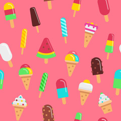 Sweet ice cream flat colorful seamless pattern, vector stock illustration isolated on pink background. Different kinds of ice cream.
