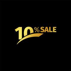 Black banner discount purchase 10 percent sale vector gold logo on a black background. Promotional business offer for buyers logotype. Ten percentage off, discounts in the strict style coupon.