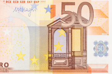 Close-up of part 50 euro banknote.