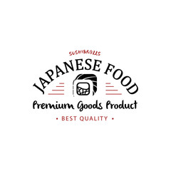 Vector logo and emblem for restaurants of Japanese food in a retro style with lettering and icon and shape of sushi, roll.