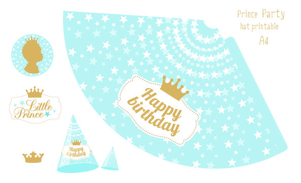 Party hats  printable. Blue and gold prince party. Print and cut. Happy birthday elements. Vector cones template to head for a holiday. Little prince