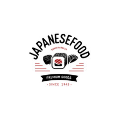Vector logo and emblem for restaurants of Japanese food in a retro style with lettering and icon and shape of sushi, roll.