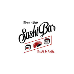 Vector logo and emblem for restaurants of Japanese food in a retro style with lettering and icon and shape of sushi, roll.