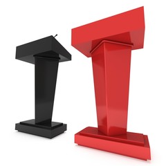 3d Speaker Podium. Red and Black Tribune Rostrum Stand with Microphones. 3d render isolated on white background. Debate, press conference concept