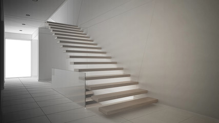 Fototapeta premium Unfinished project of modern entrance hall with wooden staircase, sketch abstract interior design